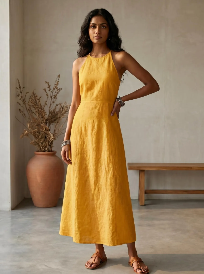 Halter Neck Linen Maxi Dress Resort Wear