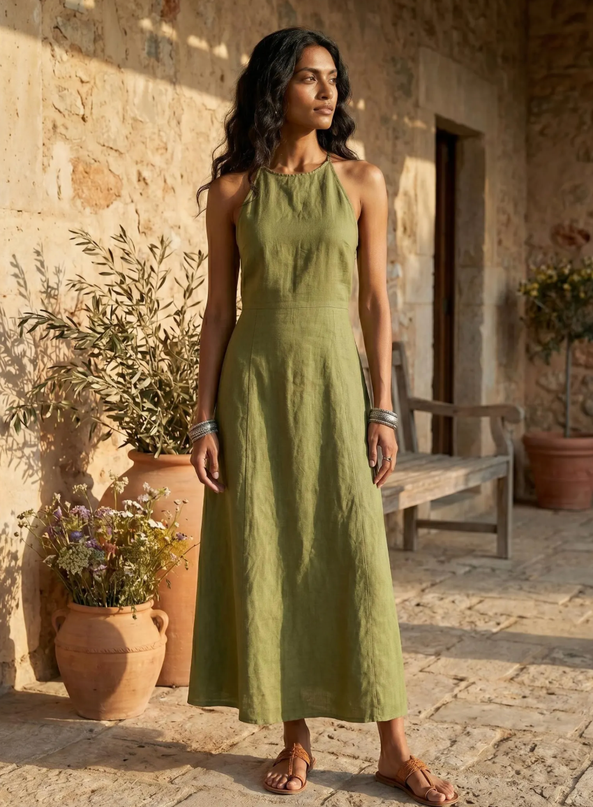 Halter Neck Linen Maxi Dress Resort Wear