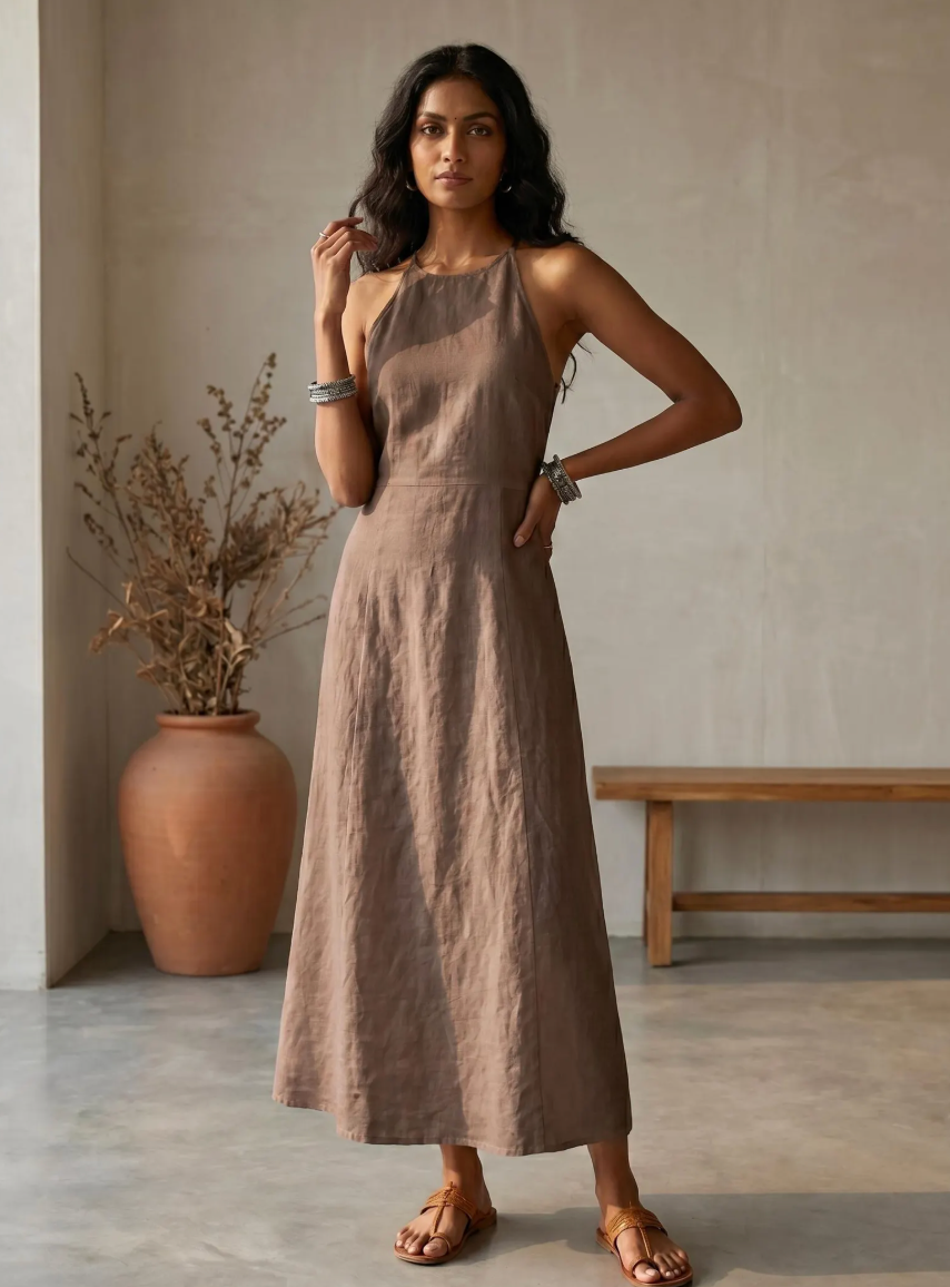 Halter Neck Linen Maxi Dress Resort Wear