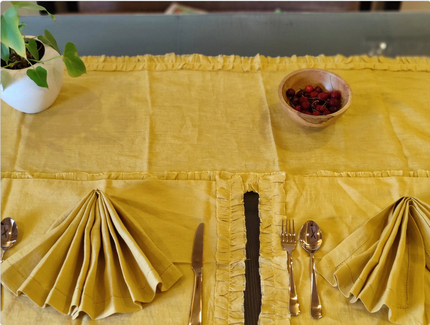 Mustard Linen Table Runner (1), Yellow Ruffled Runner, Dining Linen, 100% Pure European Linen Table Runner