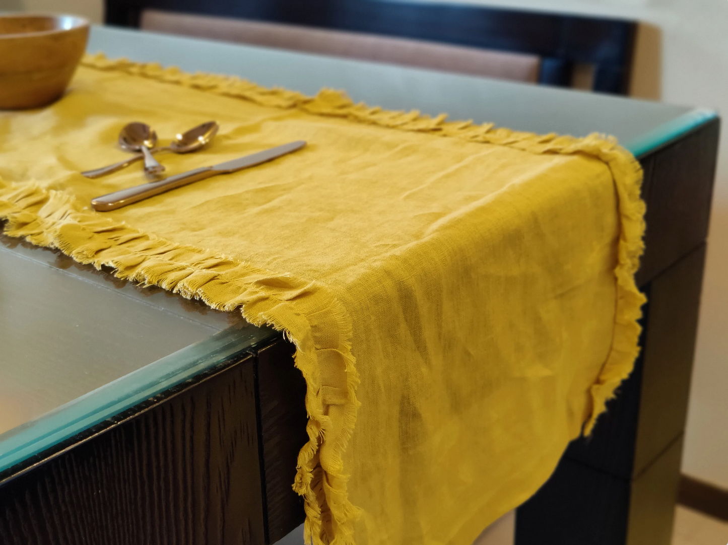 Mustard Linen Table Runner (1), Yellow Ruffled Runner, Dining Linen, 100% Pure European Linen Table Runner