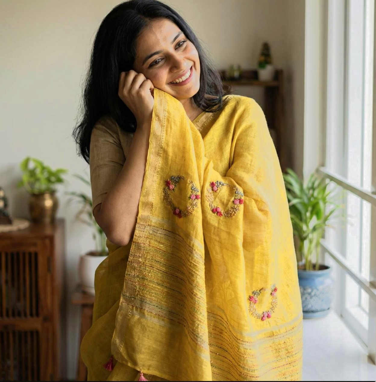 Handcrafted Linen embroidered yellow saree, mother's day gift
