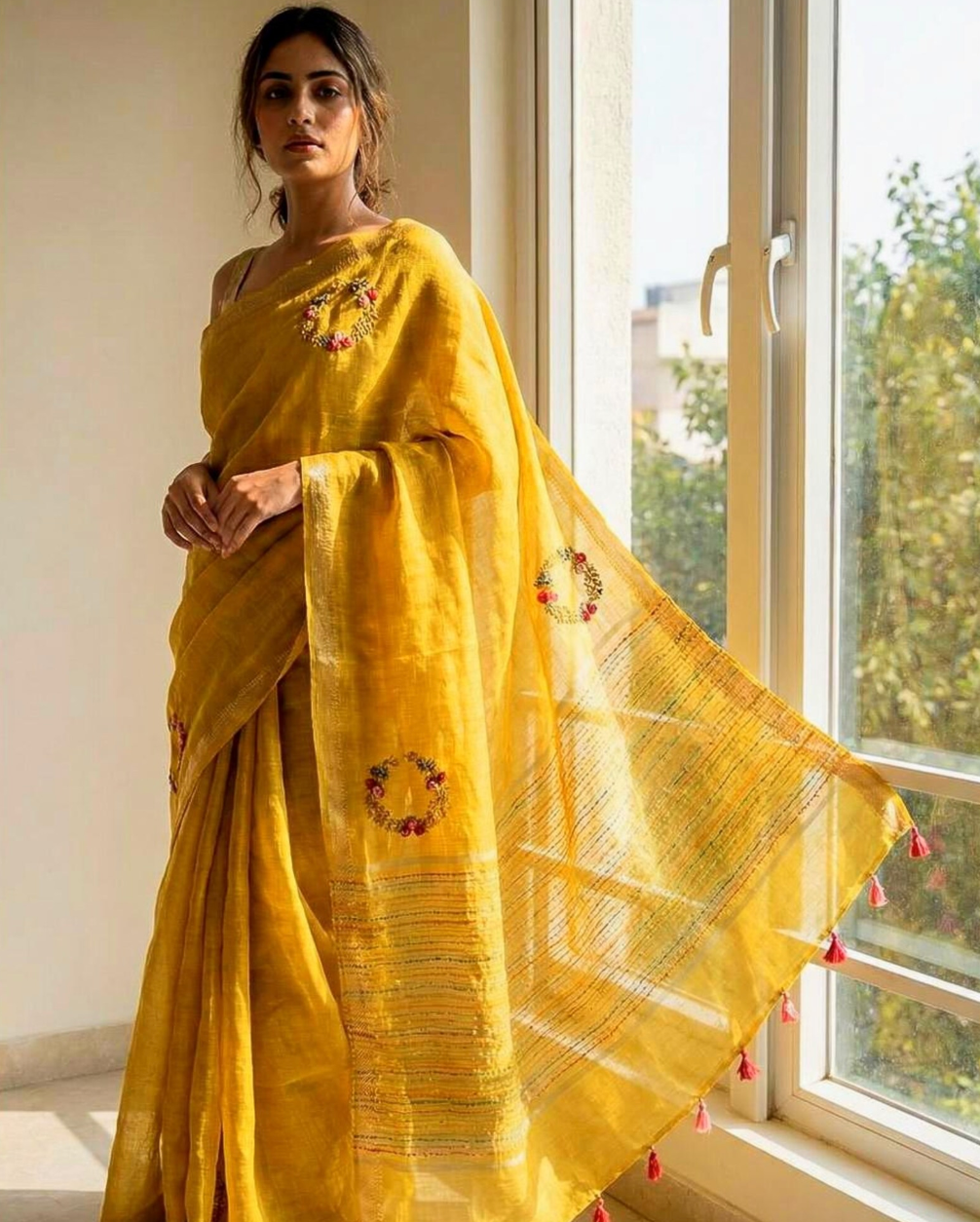 Handcrafted Linen embroidered yellow saree, mother's day gift