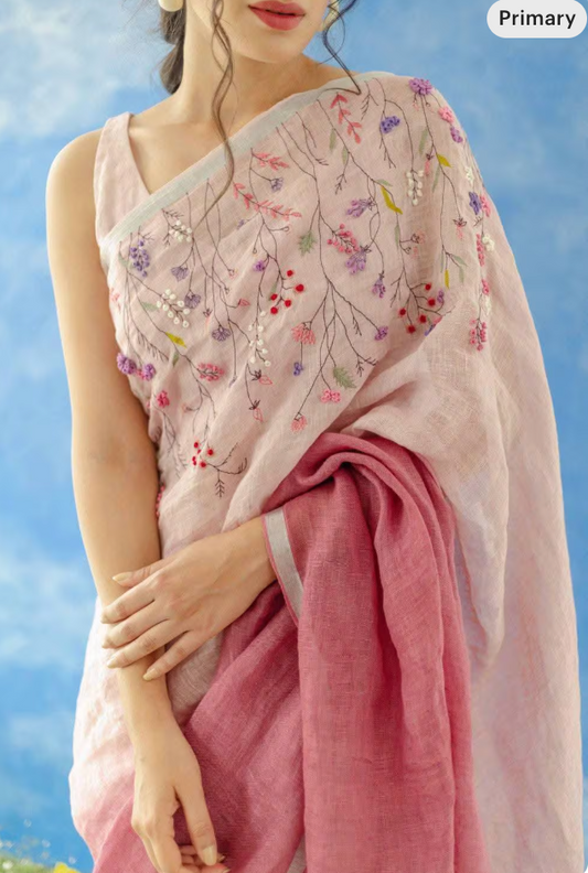 Handcrafted Pink Linen embroidered pink saree, mother's day gift