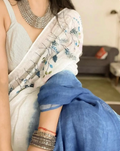Blue embroidered lightweight linen saree