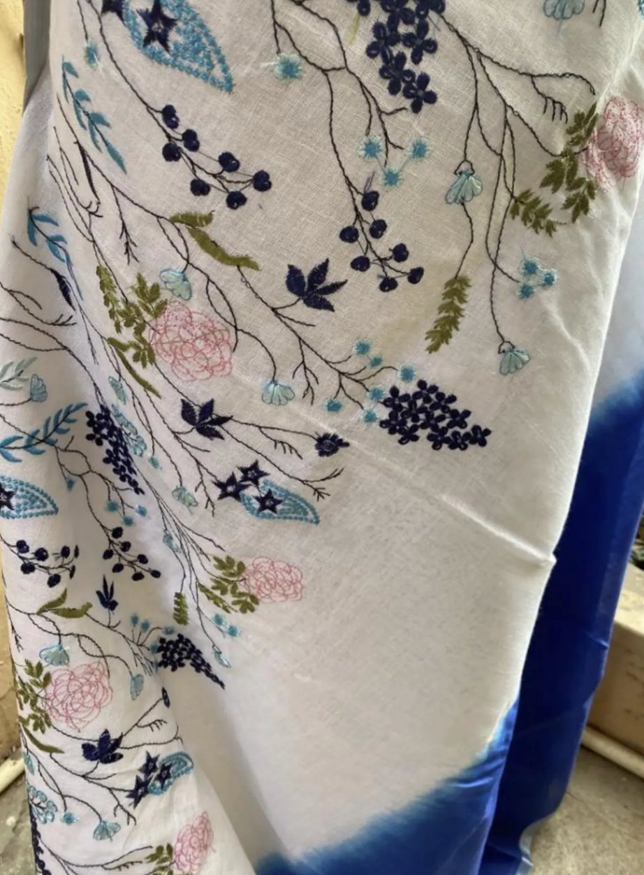 Blue embroidered lightweight linen saree