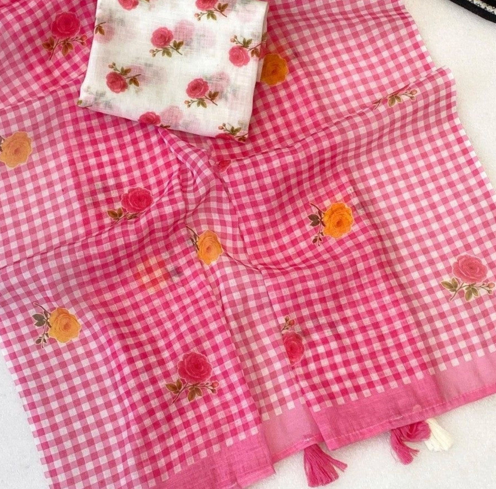 Pink digital checks floral linen saree with tassels