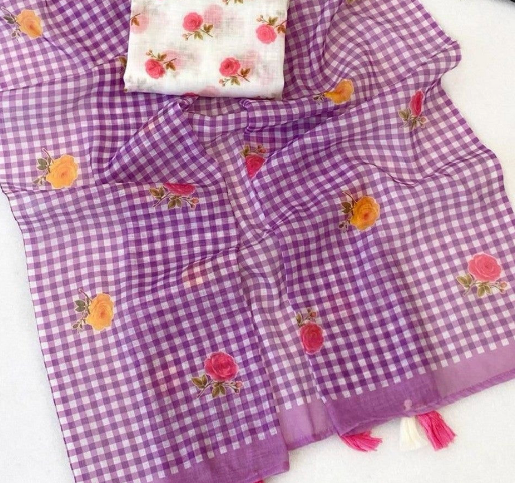 Light purple digital checks floral linen saree with tassels