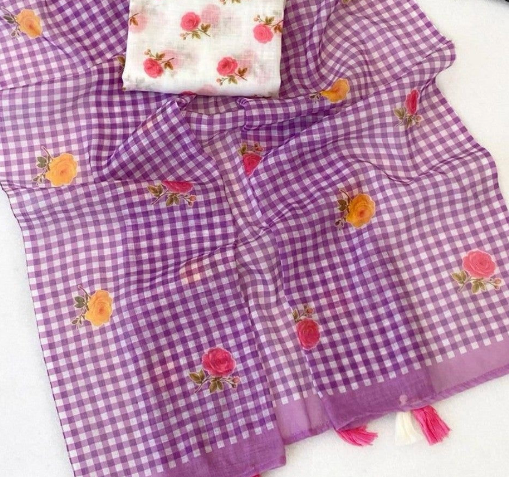 Light purple digital checks floral linen saree with tassels