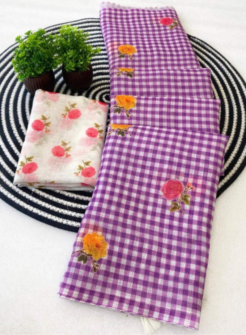 Light purple digital checks floral linen saree with tassels