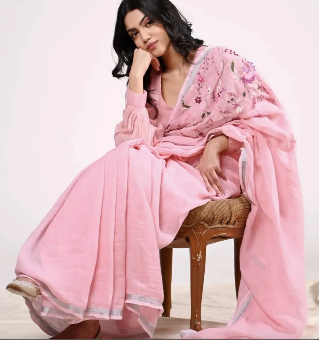 Pink embroidered lightweight linen saree