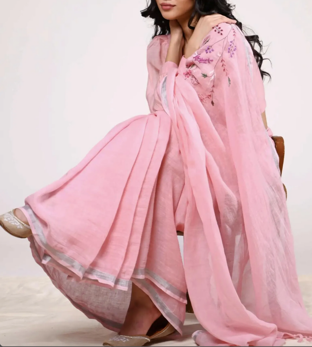 Pink embroidered lightweight linen saree
