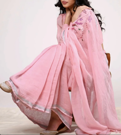 Baby Pink Hand Embroidered Lightweight Linen Saree