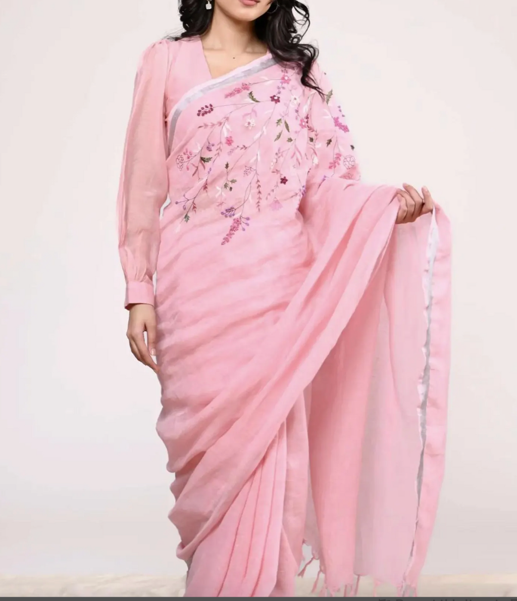 Pink embroidered lightweight linen saree