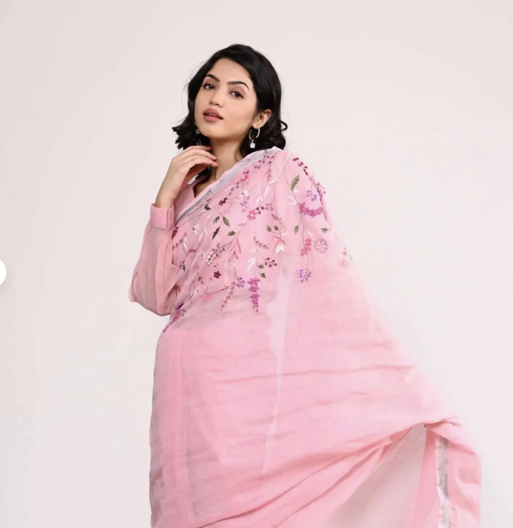 Pink embroidered lightweight linen saree