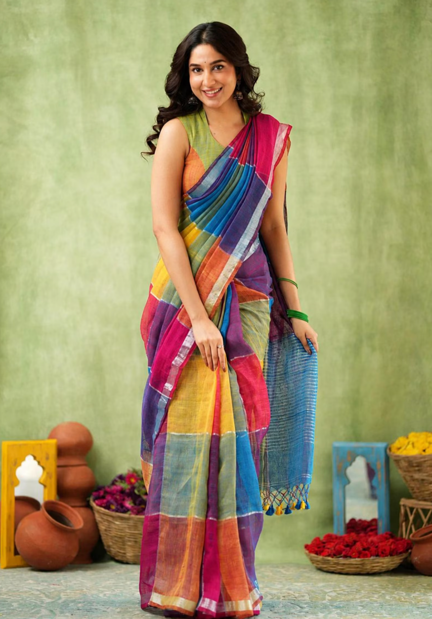 Linen blend handblocked checked blue saree with tassels