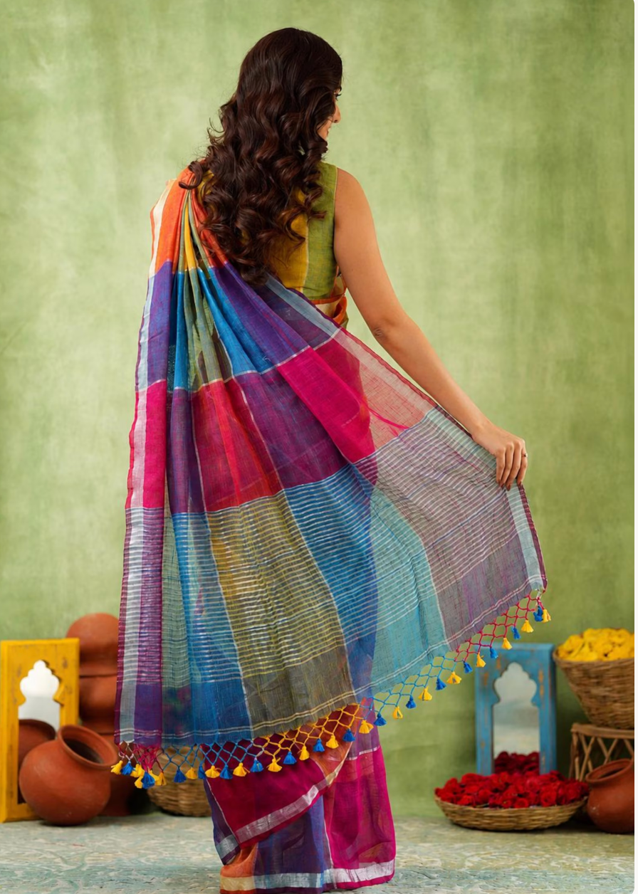 Linen blend handblocked checked blue saree with tassels