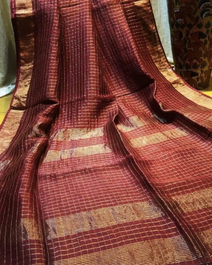 Maroon red checks line saree with golden zari