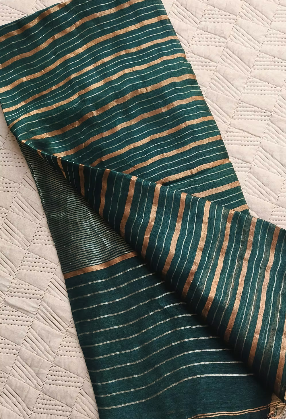 Handwoven Emerald Green Striped Linen Silk Saree
