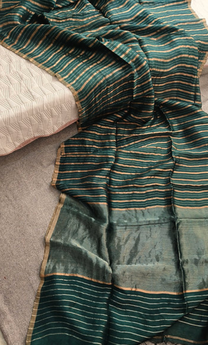 Handwoven Emerald Green Striped Linen Silk Saree
