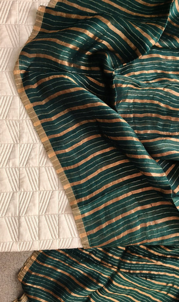 Handwoven Silk Linen Saree – Emerald Striped Weave