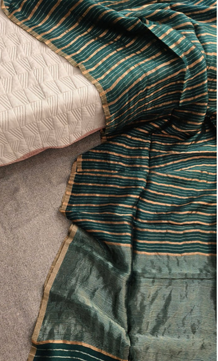 Handwoven Silk Linen Saree – Emerald Striped Weave