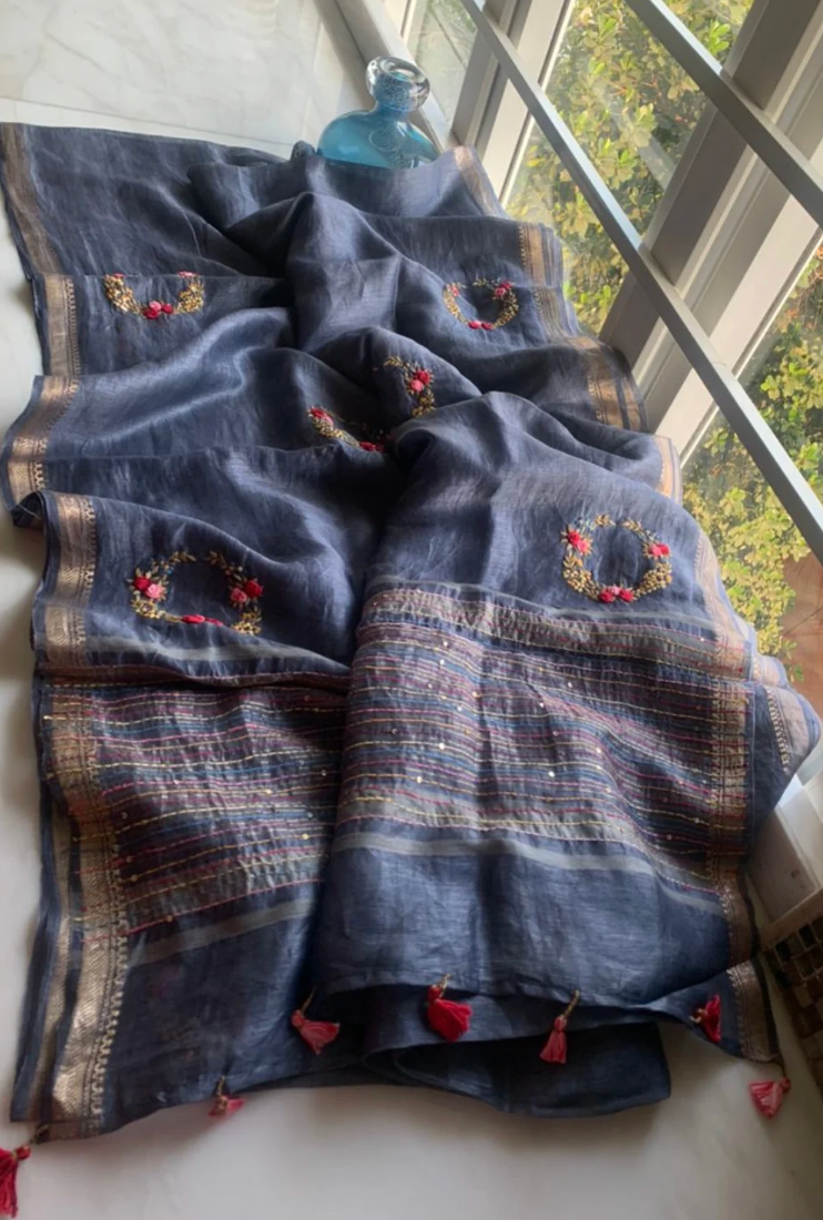 Handcrafted Linen embroidered blue saree, mother's day gift