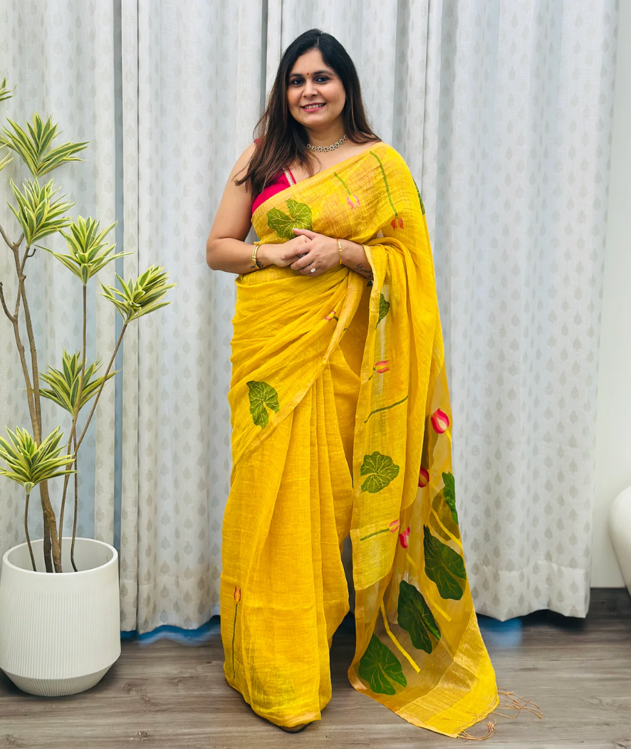Yellow jamdani weave lotus motif lightweight linen silk saree