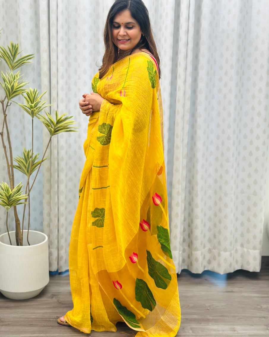 Yellow jamdani weave lotus motif lightweight linen silk saree