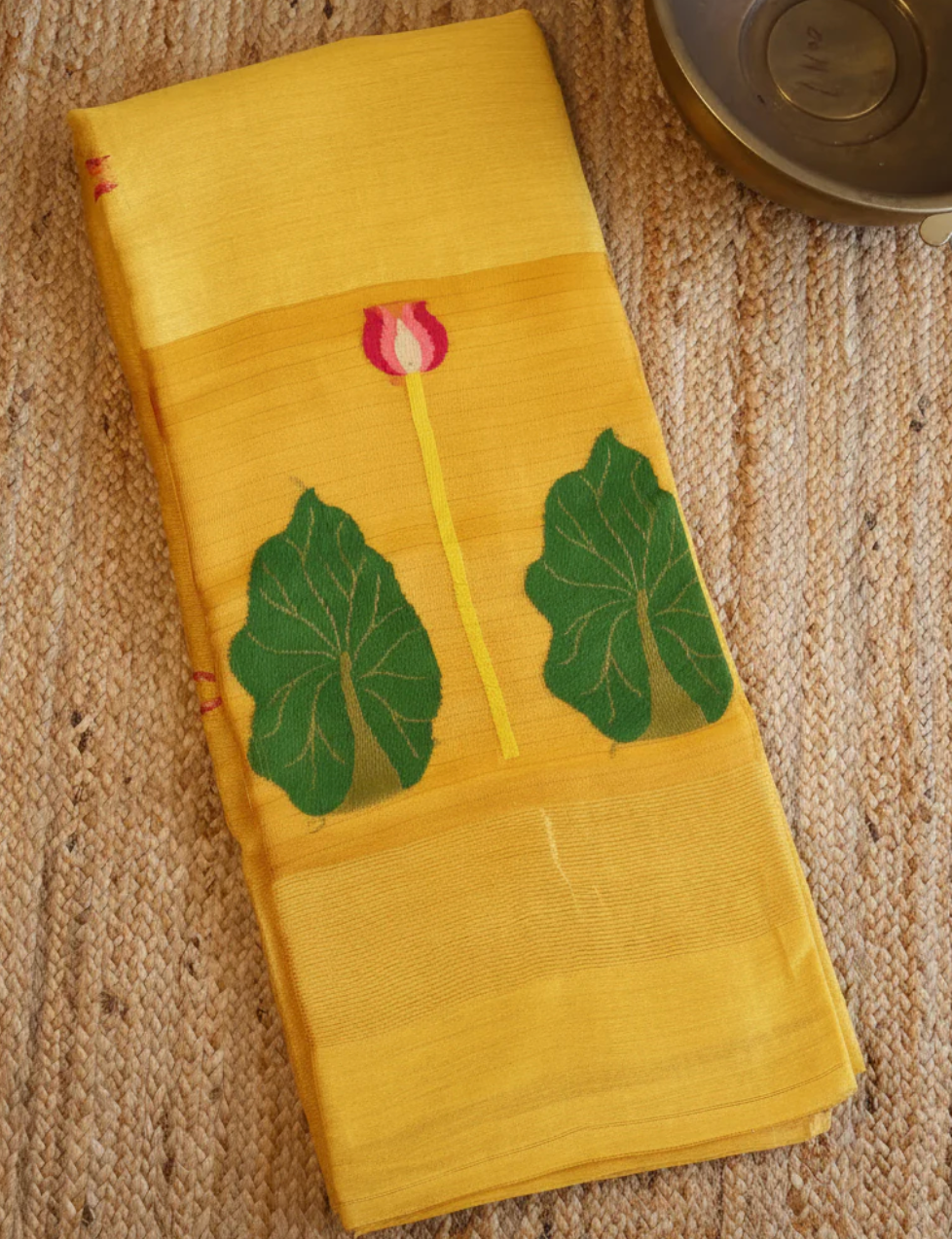 Yellow jamdani weave lotus motif lightweight linen silk saree