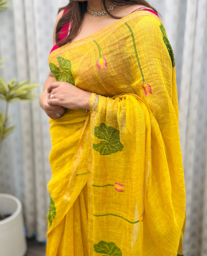 Yellow jamdani weave lotus motif lightweight linen silk saree