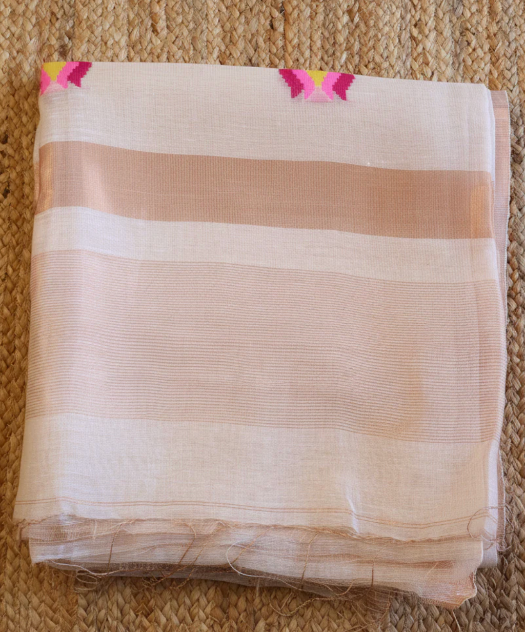 Cream onam saree, jamdani weave lotus motif lightweight linen silk saree