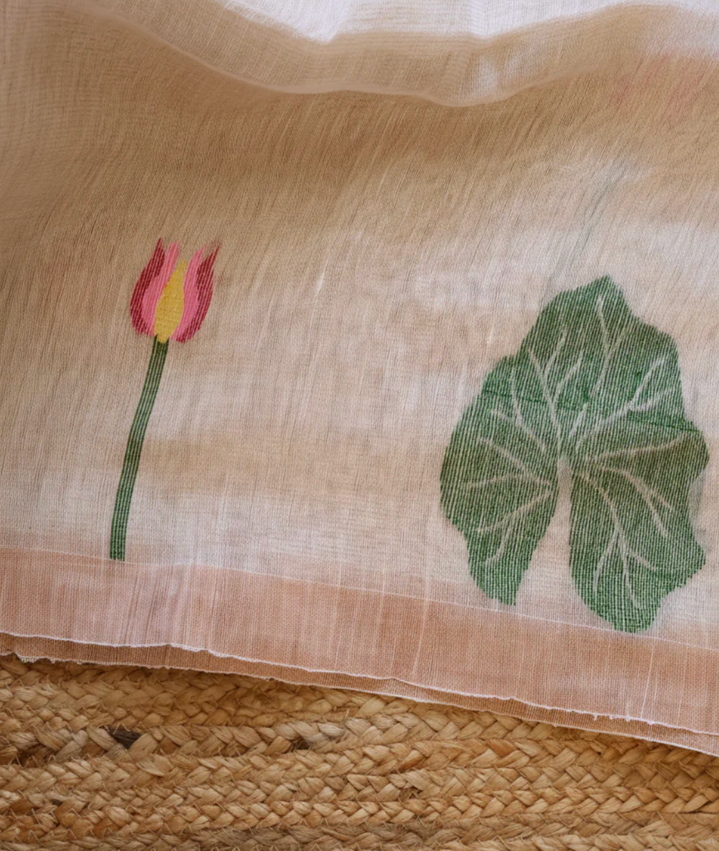 Cream onam saree, jamdani weave lotus motif lightweight linen silk saree