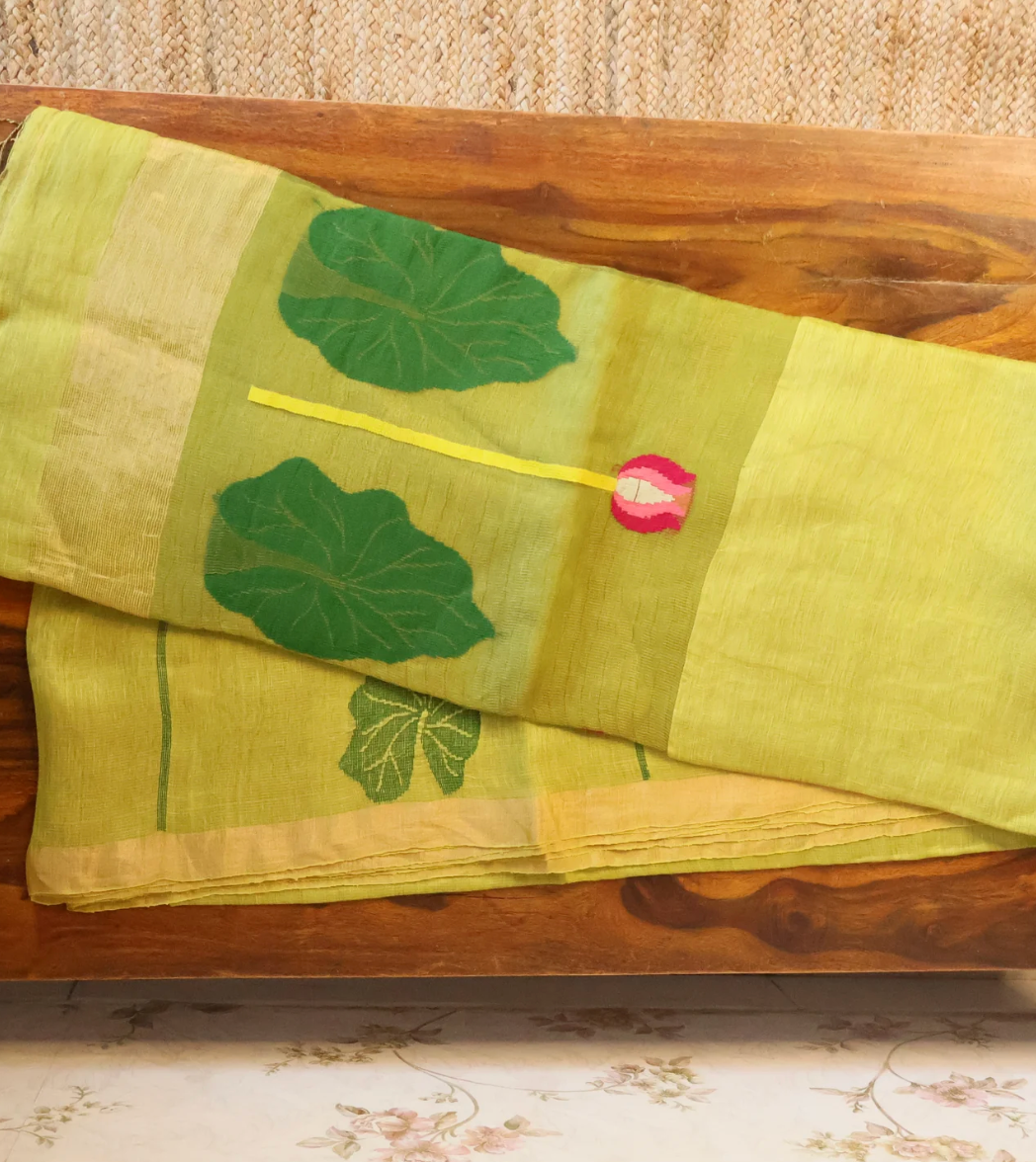 Green jamdani weave lotus motif lightweight linen silk saree