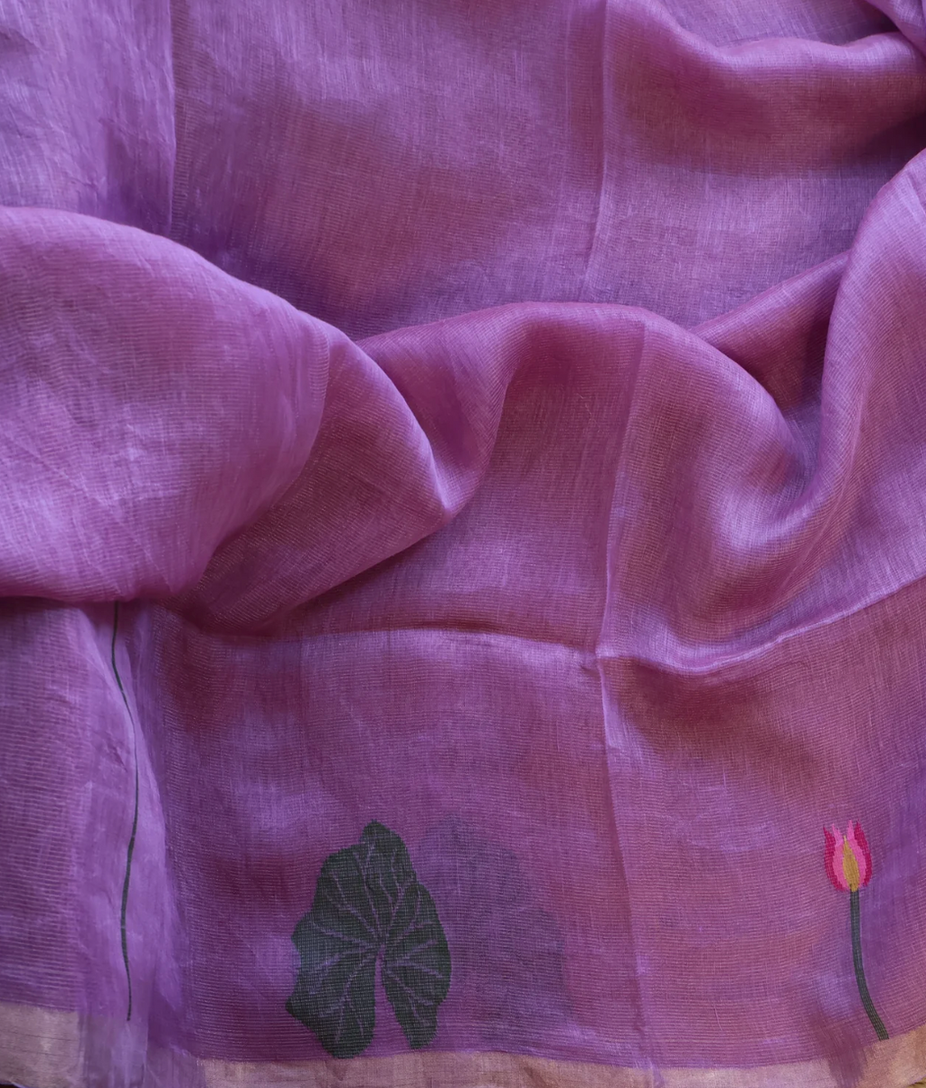 Pink jamdani weave lotus motif lightweight linen silk saree