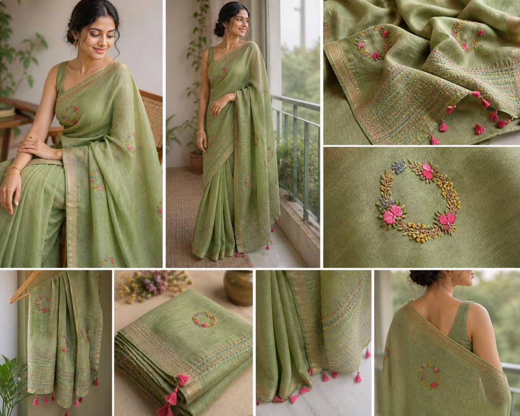 Embroidered Dark green Linen Saree, French Knot Floral Detail, Golden Border, Ethnic Wear