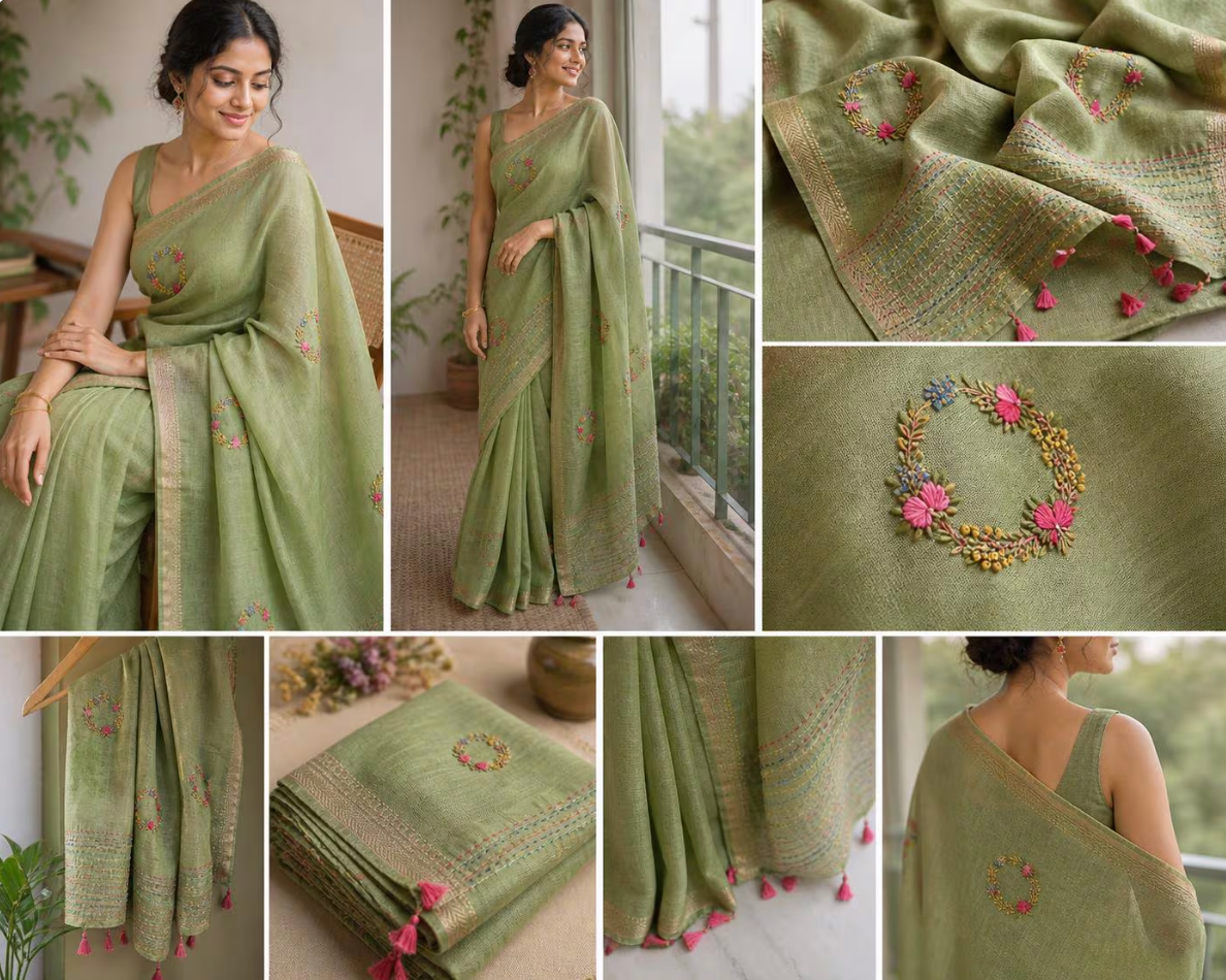 Embroidered Dark green Linen Saree, French Knot Floral Detail, Golden Border, Ethnic Wear