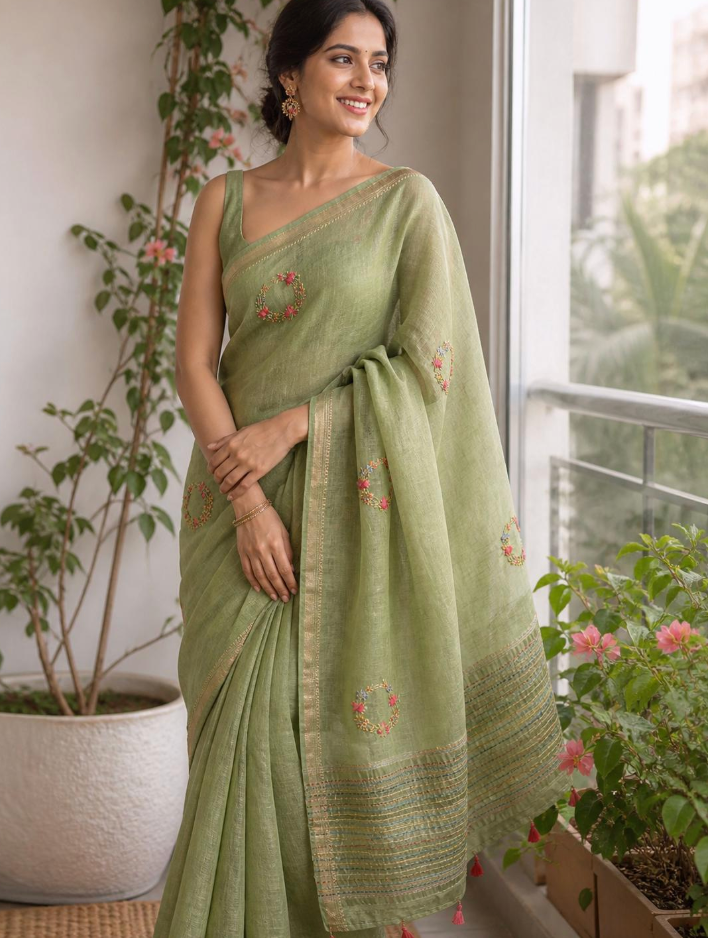 Embroidered Dark green Linen Saree, French Knot Floral Detail, Golden Border, Ethnic Wear