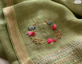 Embroidered Dark green Linen Saree, French Knot Floral Detail, Golden Border, Ethnic Wear