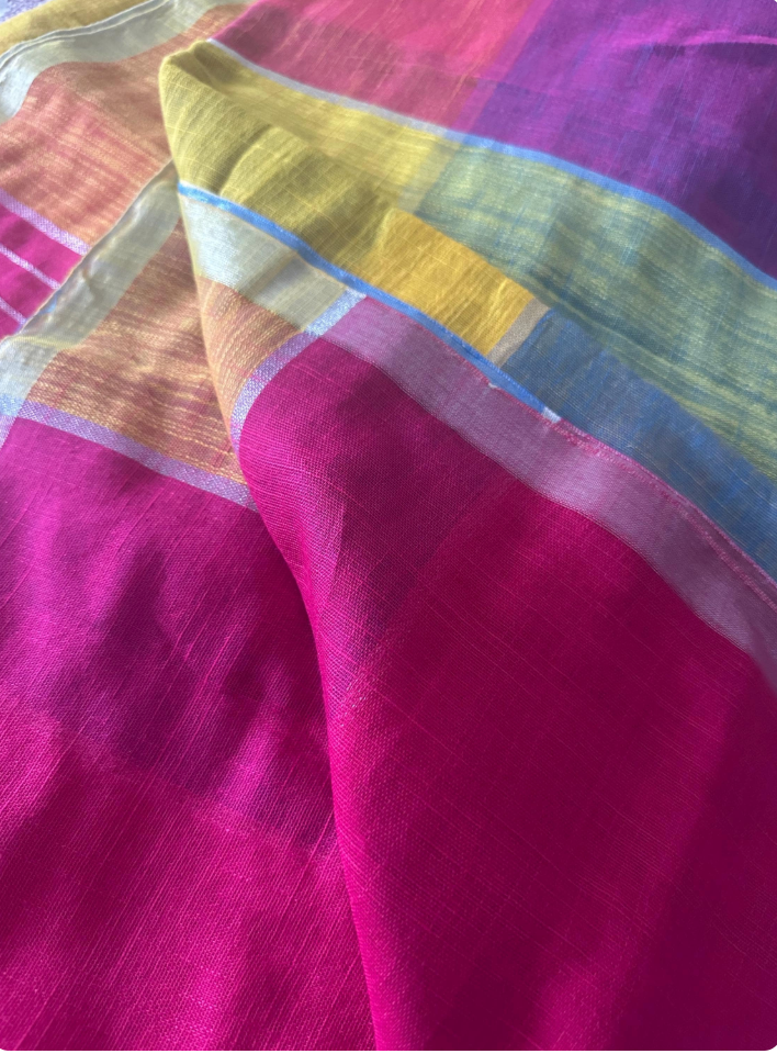 Linen blend handblocked checked blue saree with tassels