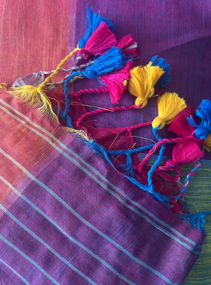 Linen blend handblocked checked blue saree with tassels