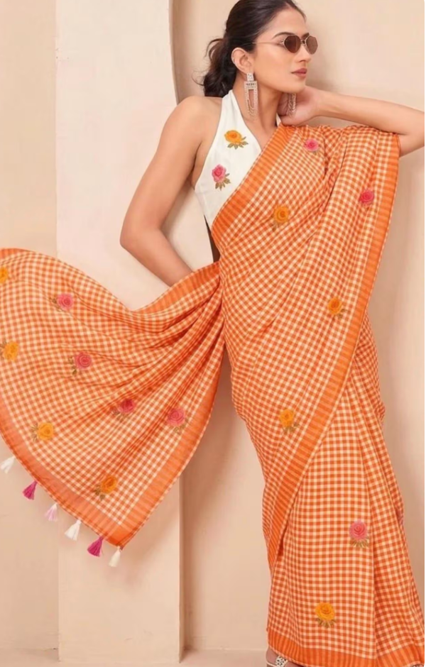 Orange Linen Saree with Floral Digital Print, Summer Wear, Handwoven Blouse Piece