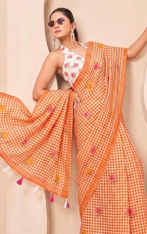 Orange Linen Saree with Floral Digital Print, Summer Wear, Handwoven Blouse Piece