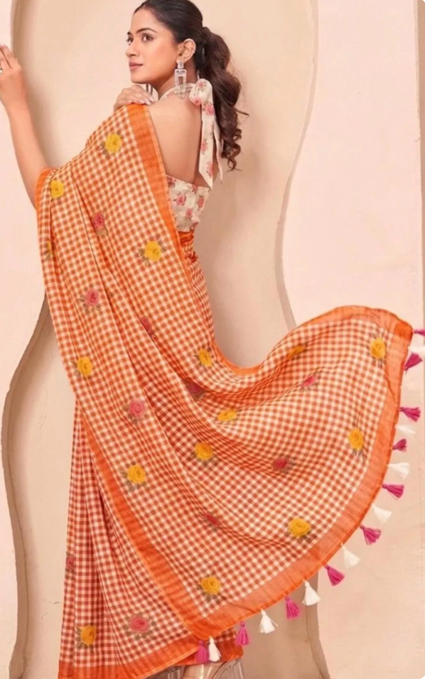 Orange Linen Saree with Floral Digital Print, Summer Wear, Handwoven Blouse Piece
