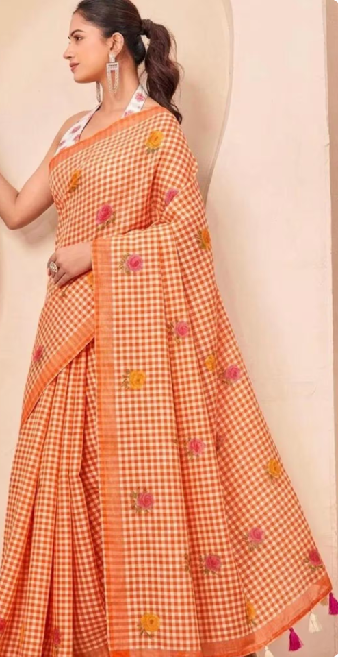 Orange Linen Saree with Floral Digital Print, Summer Wear, Handwoven Blouse Piece