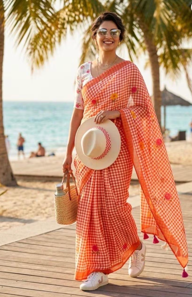 Orange Linen Saree with Floral Digital Print, Summer Wear, Handwoven Blouse Piece