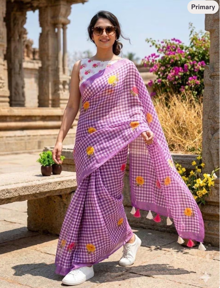 Light purple digital checks floral linen saree with tassels