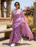 Light purple digital checks floral linen saree with tassels
