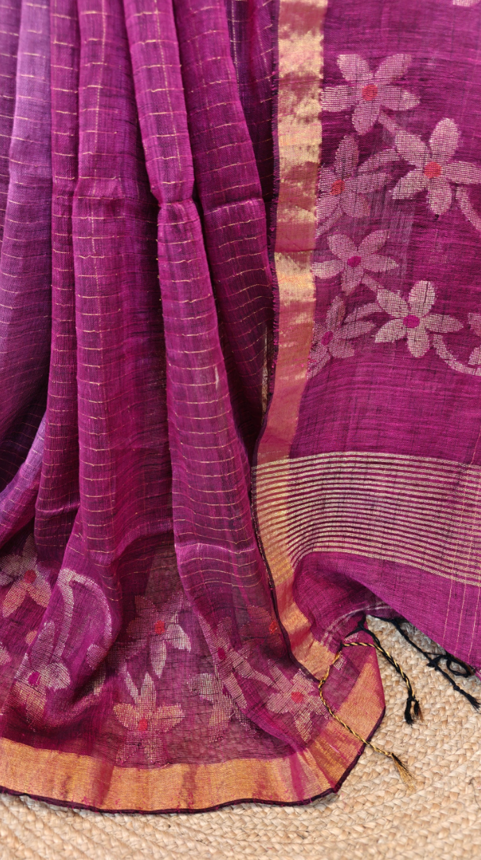 Handwoven Linen Jamdani Saree with Zari Check work