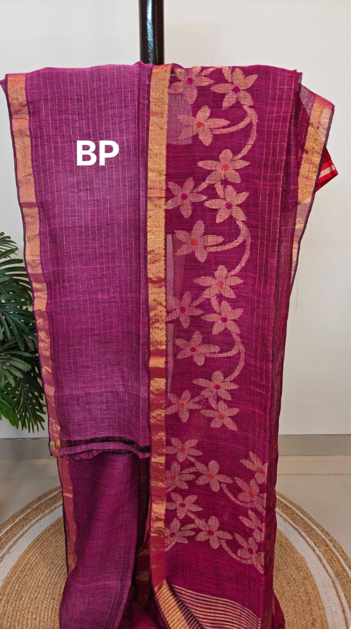 Handwoven Linen Jamdani Saree with Zari Check work